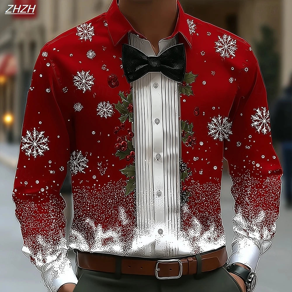 Men's Christmas Snowflake Formal Shirt, 3D Printed Tie Design,Elegant Tuxedo Style,Holiday Party Wedding Attire,Spring Wear