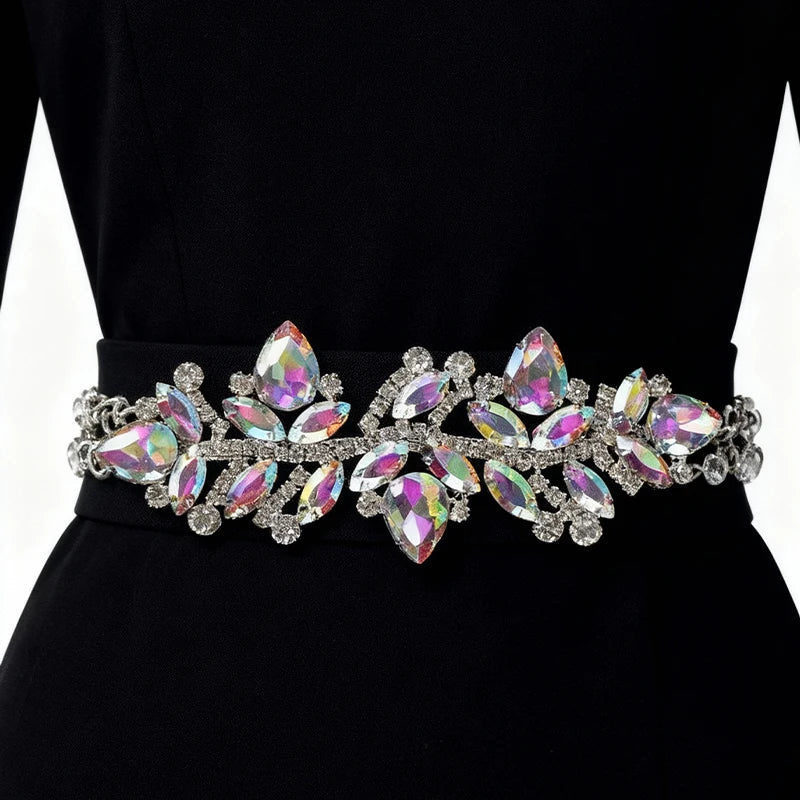 Wedding Dress & Shoe Decoration Appliqué - Gold Silver AB Crystal Leaf Glass Rhinestone Chain Fringe Sew-on Garment Accessory