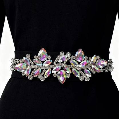 Wedding Dress & Shoe Decoration Appliqué - Gold Silver AB Crystal Leaf Glass Rhinestone Chain Fringe Sew-on Garment Accessory