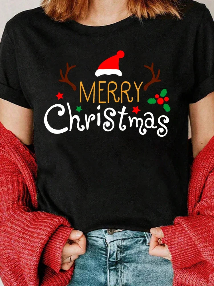 Funny Letter Printed Merry Christmas Women T Shirt Harajuku 90s Girls Christmas T-shirt Red Suitable All Seasons Tshirt Tops