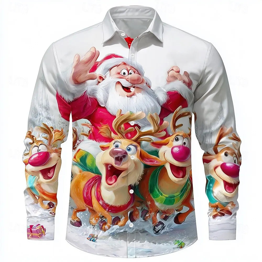 Christmas Men's 3D Graphic Long Sleeve,Street Style Fashion,Cartoon Santa Claus Reindeer Prints Design,2025 Fall Casual Shirt