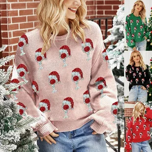 Women's Christmas Knitted Snowflake Sweater Autumn Winter Warm New Round Neck Long Sleeve Printed Fashion Casual Sweater Female
