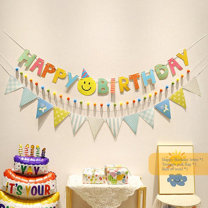 Happy Birthday Hairball Pull Flag Set Decorative Holiday Decor For Adult Children Birthday Home Room Decor Atmosphere New Decor