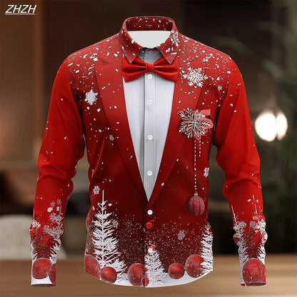 Men's Christmas Snowflake Formal Shirt, 3D Printed Tie Design,Elegant Tuxedo Style,Holiday Party Wedding Attire,Spring Wear