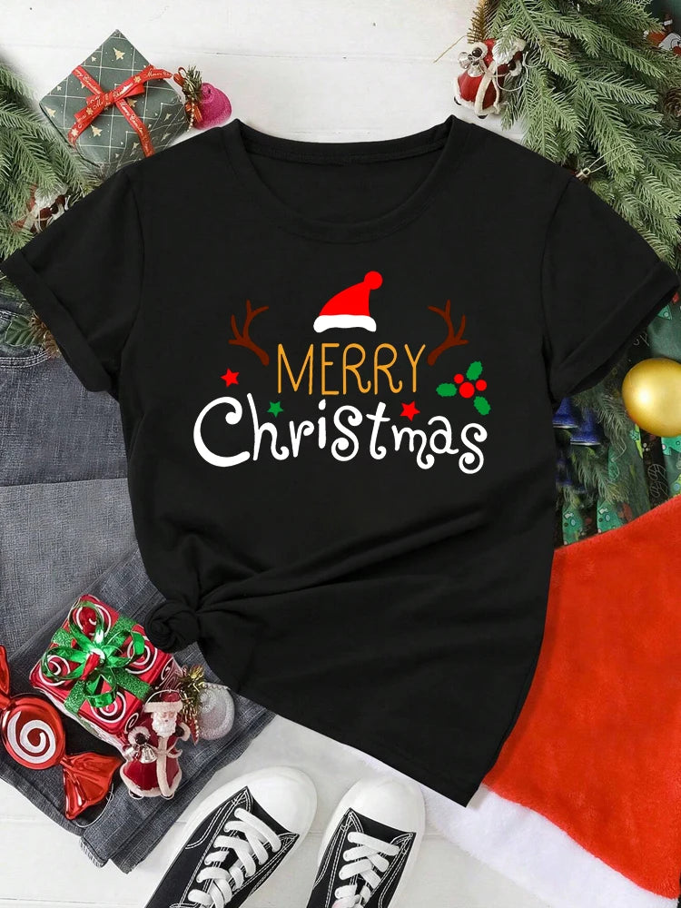 Funny Letter Printed Merry Christmas Women T Shirt Harajuku 90s Girls Christmas T-shirt Red Suitable All Seasons Tshirt Tops