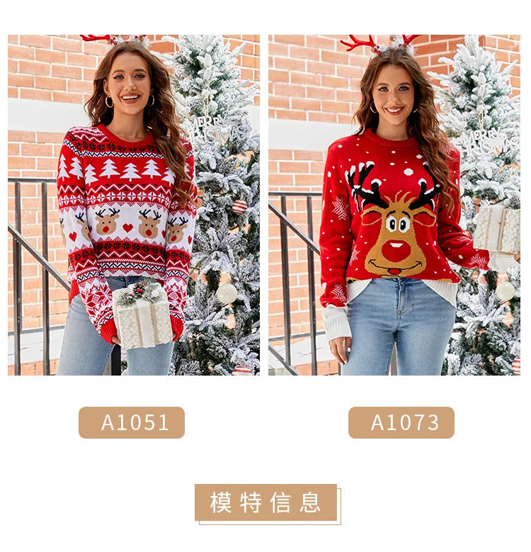 Women's Christmas Knitted Snowflake Sweater Autumn Winter Warm New Round Neck Long Sleeve Printed Fashion Casual Sweater Female