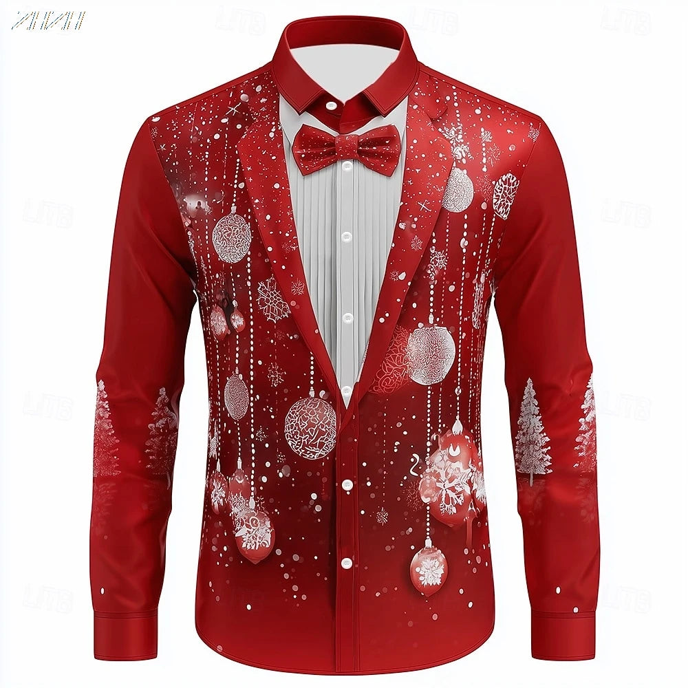 Men's Christmas Snowflake Formal Shirt, 3D Printed Tie Design,Elegant Tuxedo Style,Holiday Party Wedding Attire,Spring Wear