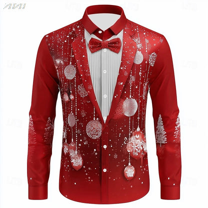 Men's Christmas Snowflake Formal Shirt, 3D Printed Tie Design,Elegant Tuxedo Style,Holiday Party Wedding Attire,Spring Wear