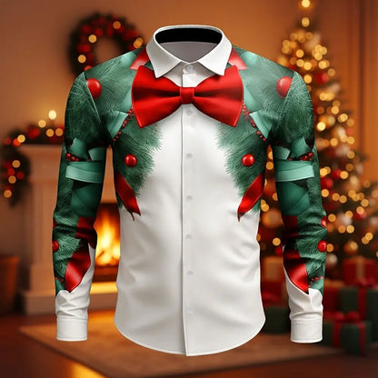 Funny Christmas Men's Christmas Costume Faux Collar and Suit Design Suit Tie Printed Tuxedo Shirt Long Sleeve Button Up Shirt