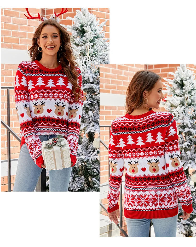 Women's Christmas Knitted Snowflake Sweater Autumn Winter Warm New Round Neck Long Sleeve Printed Fashion Casual Sweater Female