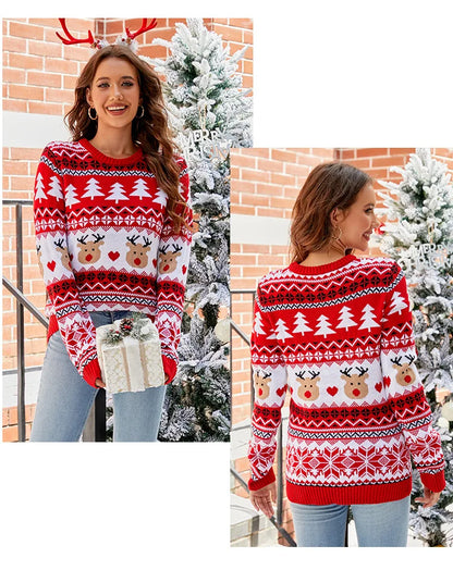 Women's Christmas Knitted Snowflake Sweater Autumn Winter Warm New Round Neck Long Sleeve Printed Fashion Casual Sweater Female