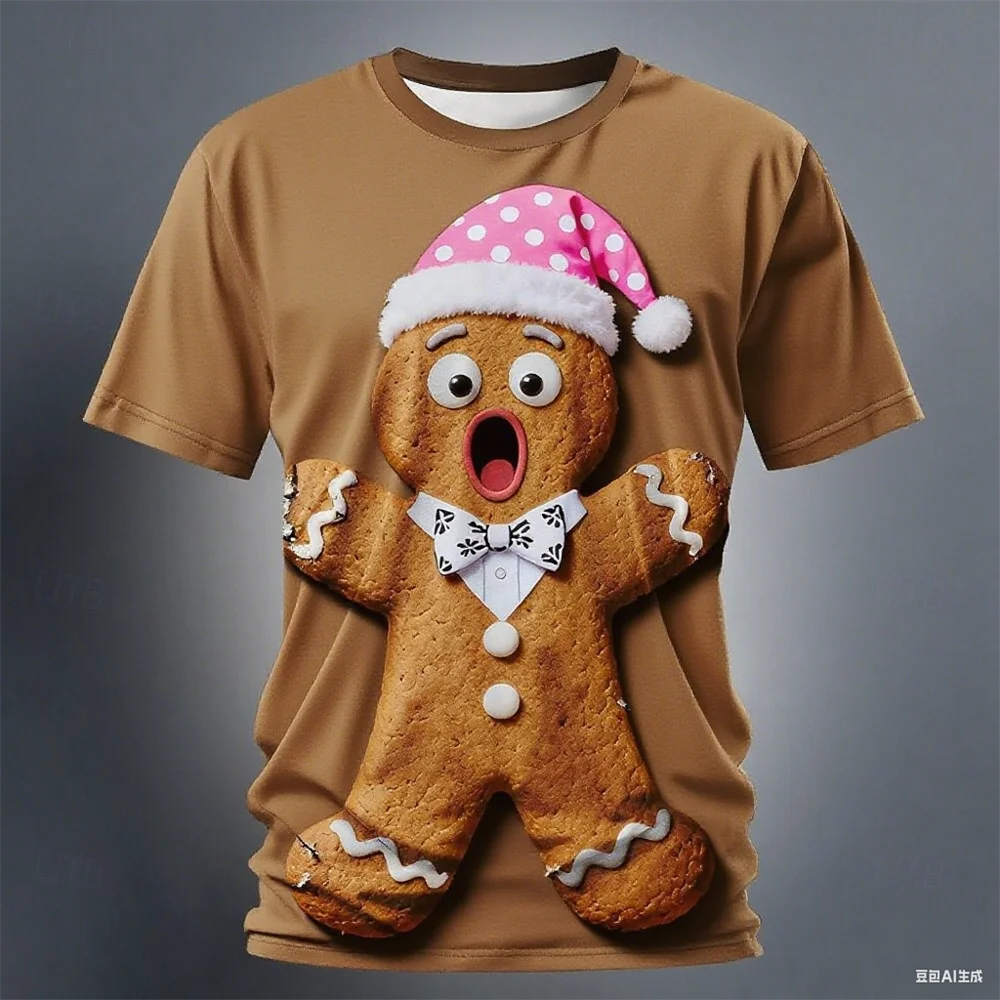 Christmas Gingerbread 3D Printed Men's Short Sleeve T shirt Crew Neck Shirt Daily Vacation festival Party Street Men's Clothing