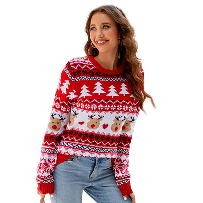Women's Christmas Knitted Snowflake Sweater Autumn Winter Warm New Round Neck Long Sleeve Printed Fashion Casual Sweater Female
