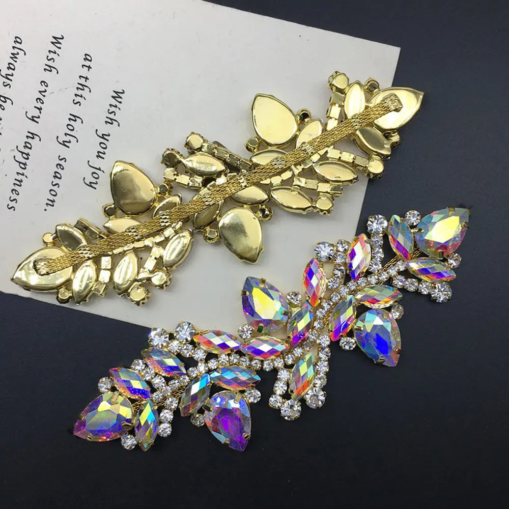 Wedding Dress & Shoe Decoration Appliqué - Gold Silver AB Crystal Leaf Glass Rhinestone Chain Fringe Sew-on Garment Accessory