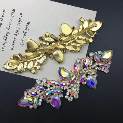 Wedding Dress & Shoe Decoration Appliqué - Gold Silver AB Crystal Leaf Glass Rhinestone Chain Fringe Sew-on Garment Accessory