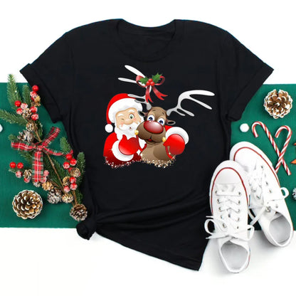Merry Christmas Women's Short sleeved T-shirt Christmas Tree Santa Claus Letter Print Simple Trendy Trend Women's Clothing