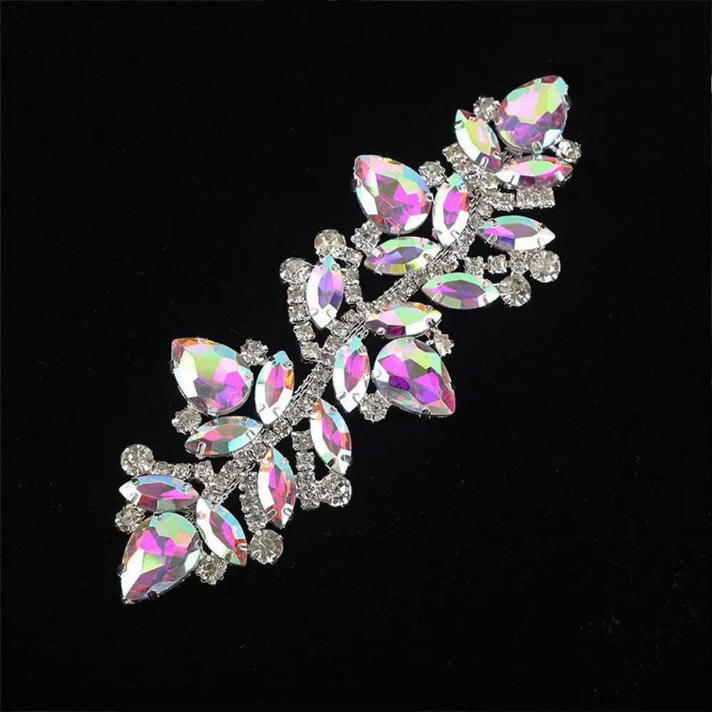 Wedding Dress & Shoe Decoration Appliqué - Gold Silver AB Crystal Leaf Glass Rhinestone Chain Fringe Sew-on Garment Accessory