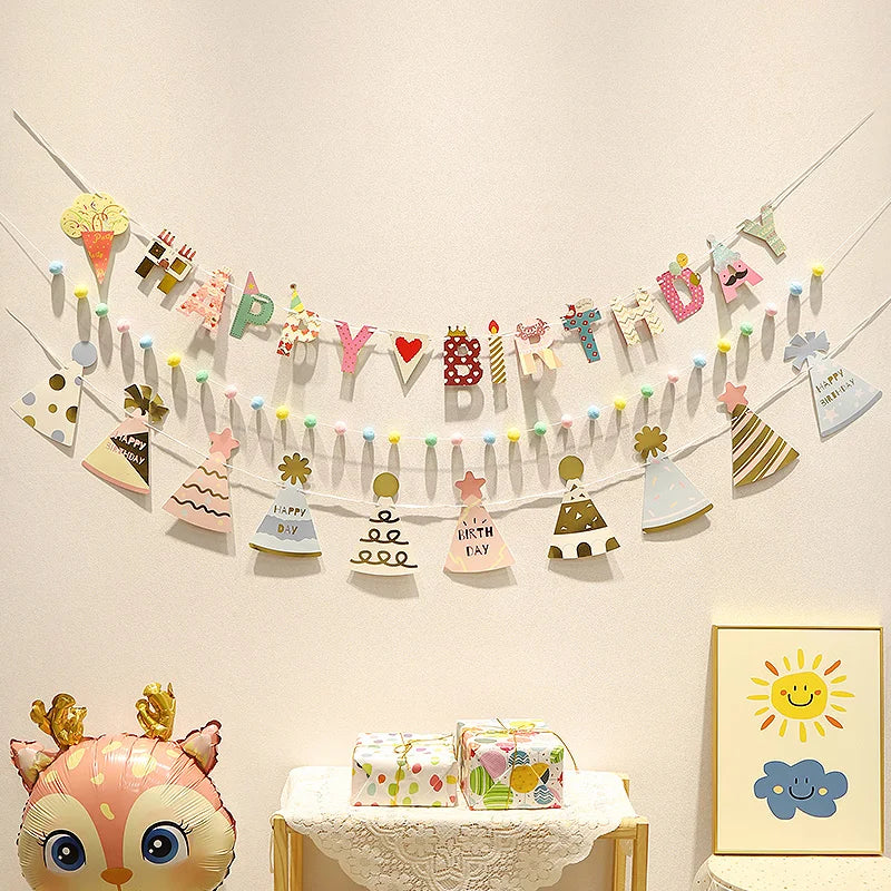 Happy Birthday Hairball Pull Flag Set Decorative Holiday Decor For Adult Children Birthday Home Room Decor Atmosphere New Decor