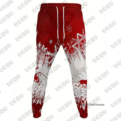 Men's Tracksuit Christmas Elk Snowflakes Print Autumn Winter Long Sleeve Hoodies+Trousers Sets Casual Suit 2 Piece Sets