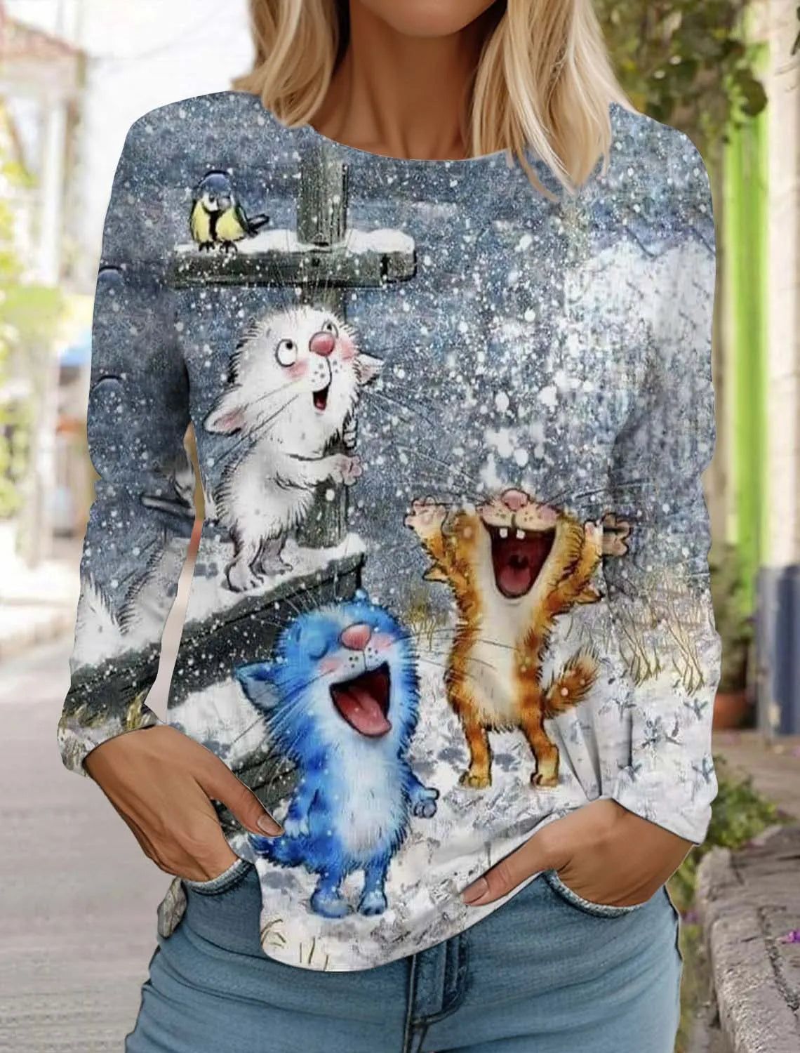 Christmas Women's Long Sleeved T-shirt Casual Holiday Fashion Christmas Cute Cat Holiday gifts Tops Harajuku  Women's Clothing