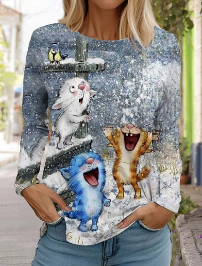 Christmas Women's Long Sleeved T-shirt Casual Holiday Fashion Christmas Cute Cat Holiday gifts Tops Harajuku  Women's Clothing