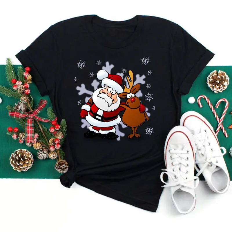Merry Christmas Women's Short sleeved T-shirt Christmas Tree Santa Claus Letter Print Simple Trendy Trend Women's Clothing