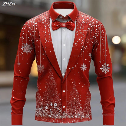 Men's Christmas Snowflake Formal Shirt, 3D Printed Tie Design,Elegant Tuxedo Style,Holiday Party Wedding Attire,Spring Wear