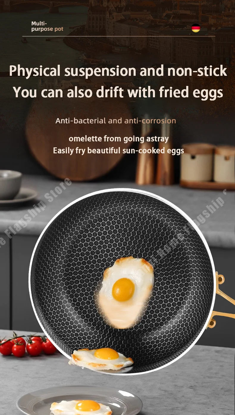 316 Stainless Steel Frying Pan Wok Non-stick Cooking Honeycomb Steak Gas Stove Pot