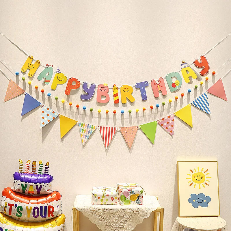 Happy Birthday Hairball Pull Flag Set Decorative Holiday Decor For Adult Children Birthday Home Room Decor Atmosphere New Decor