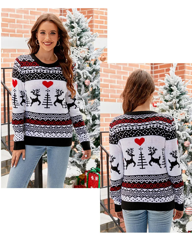 Women's Christmas Knitted Snowflake Sweater Autumn Winter Warm New Round Neck Long Sleeve Printed Fashion Casual Sweater Female