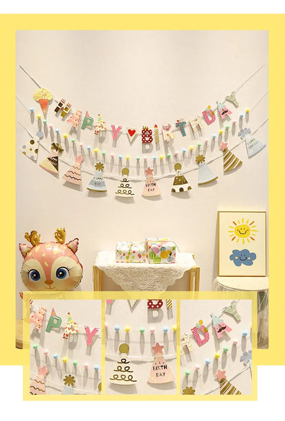 Happy Birthday Hairball Pull Flag Set Decorative Holiday Decor For Adult Children Birthday Home Room Decor Atmosphere New Decor