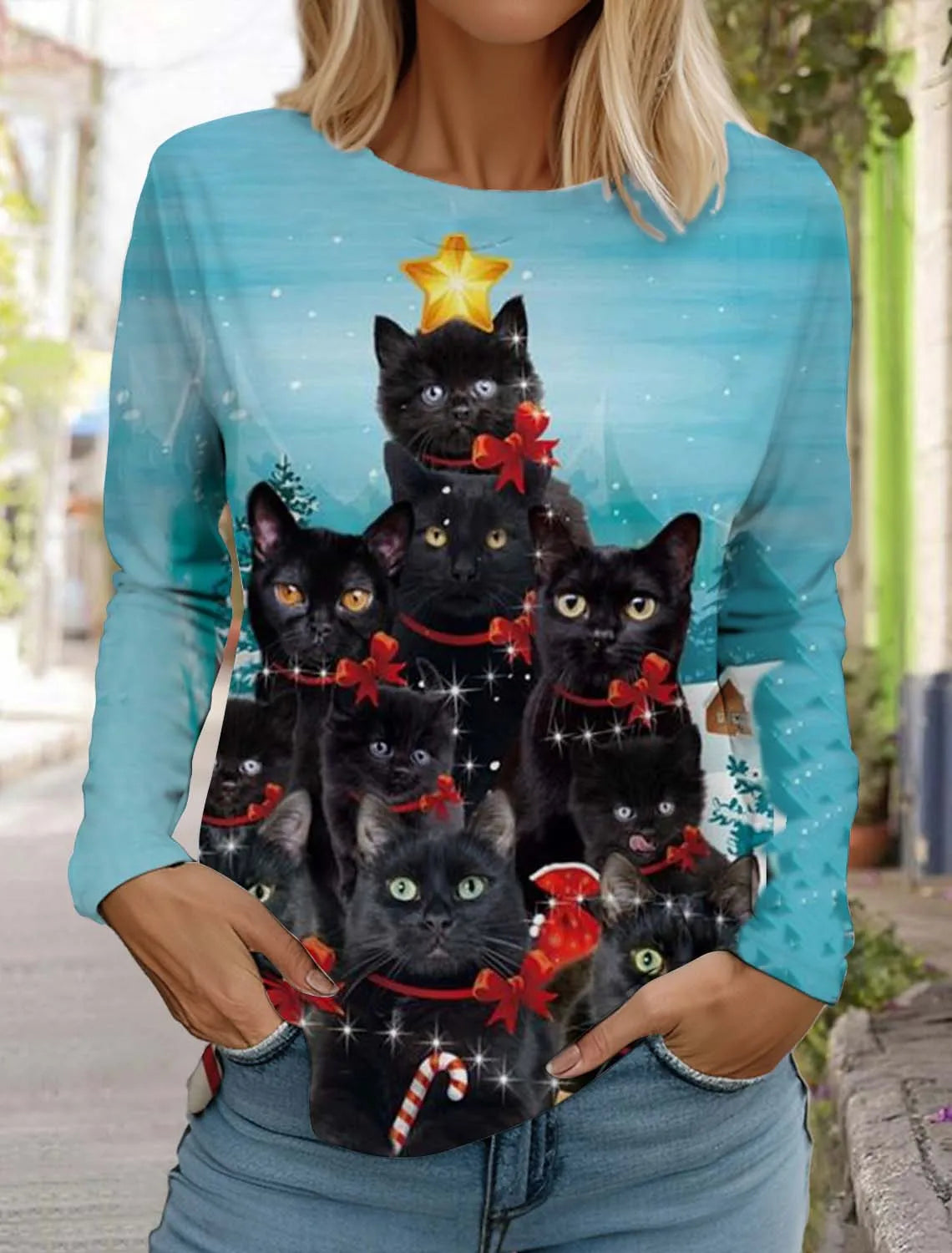 Christmas Women's Long Sleeved T-shirt Casual Holiday Fashion Christmas Cute Cat Holiday gifts Tops Harajuku  Women's Clothing