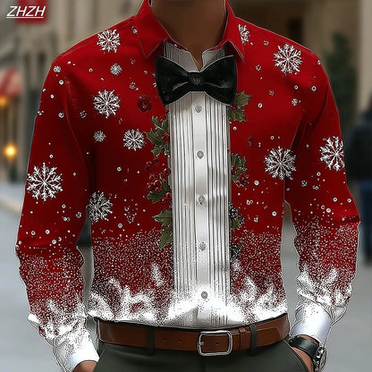 Men's Christmas Snowflake Formal Shirt, 3D Printed Tie Design,Elegant Tuxedo Style,Holiday Party Wedding Attire,Spring Wear