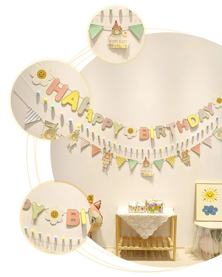 Happy Birthday Hairball Pull Flag Set Decorative Holiday Decor For Adult Children Birthday Home Room Decor Atmosphere New Decor