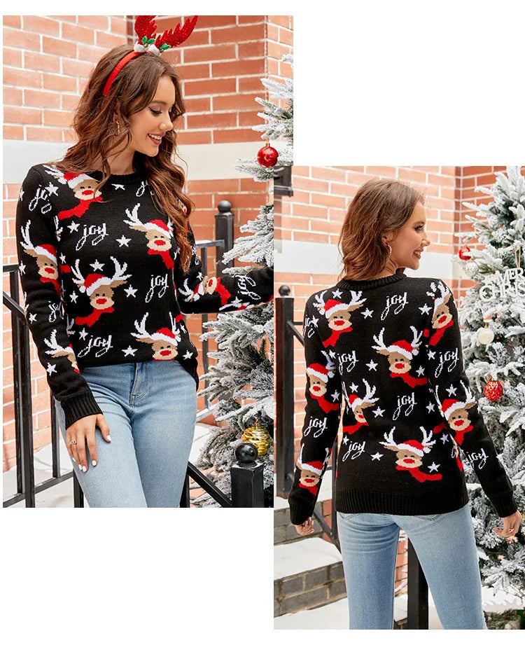 Women's Christmas Knitted Snowflake Sweater Autumn Winter Warm New Round Neck Long Sleeve Printed Fashion Casual Sweater Female