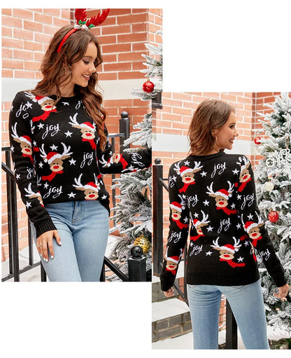 Women's Christmas Knitted Snowflake Sweater Autumn Winter Warm New Round Neck Long Sleeve Printed Fashion Casual Sweater Female