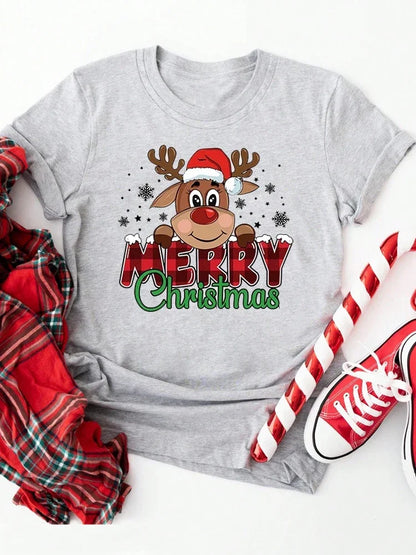 Merry Christmas Cute Reindeer Print Red T-Shirts for Women Casual Short Sleeve O-neck T-Shirts Ladies Christmas Party Tops