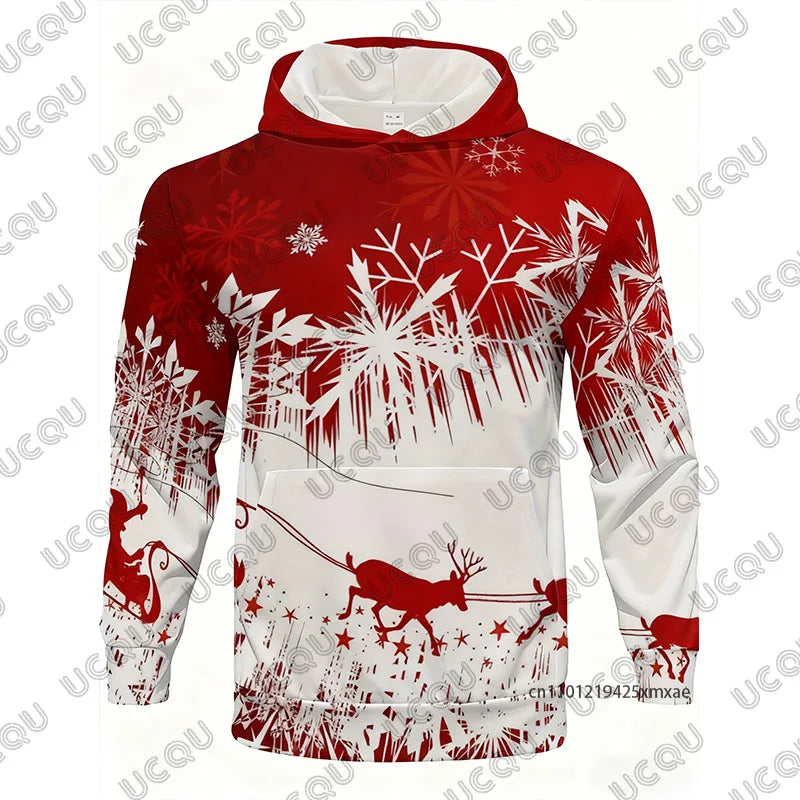 Men's Tracksuit Christmas Elk Snowflakes Print Autumn Winter Long Sleeve Hoodies+Trousers Sets Casual Suit 2 Piece Sets
