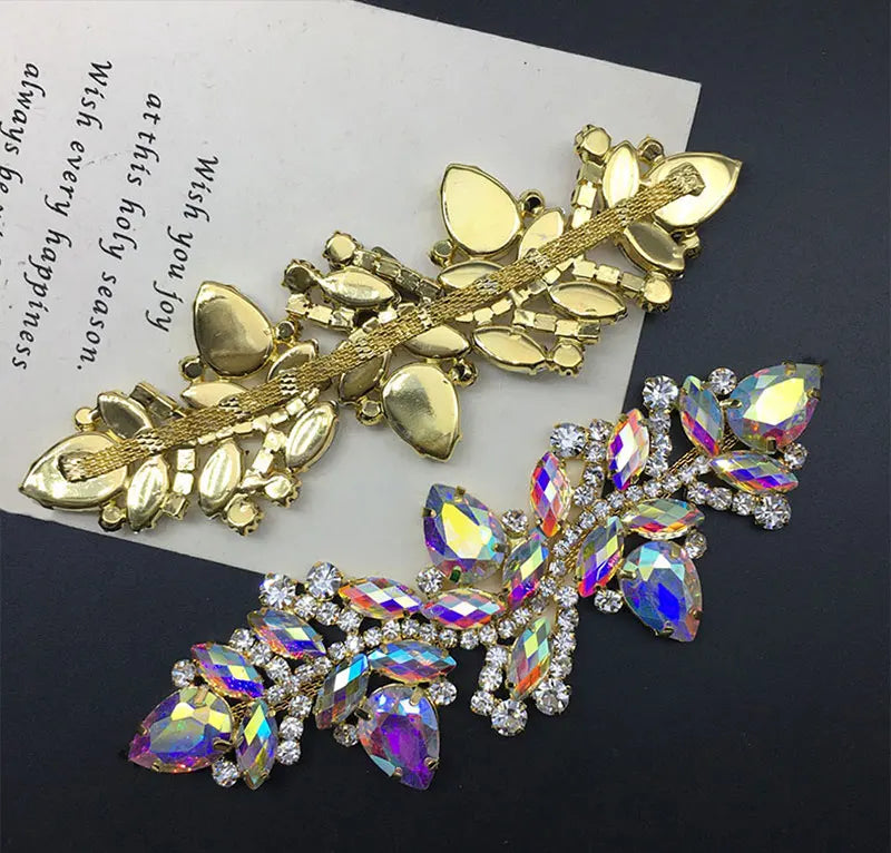 Wedding Dress & Shoe Decoration Appliqué - Gold Silver AB Crystal Leaf Glass Rhinestone Chain Fringe Sew-on Garment Accessory