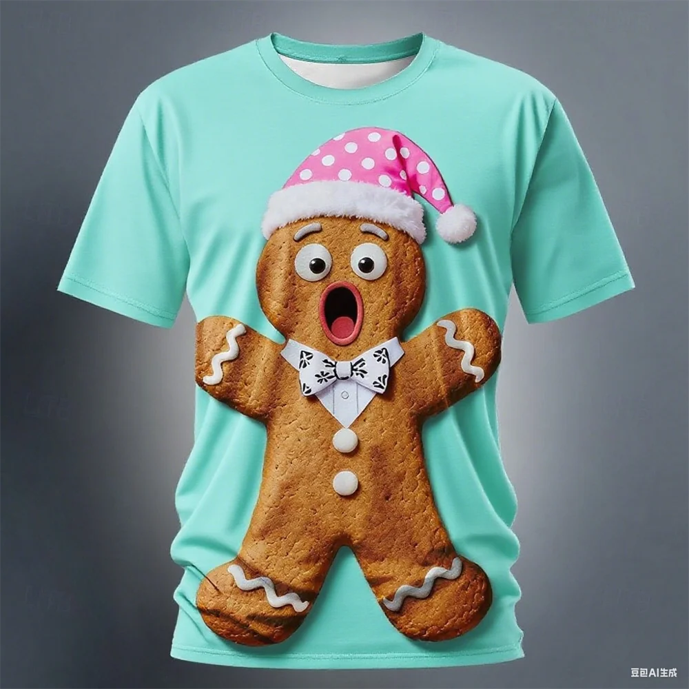 Christmas Gingerbread 3D Printed Men's Short Sleeve T shirt Crew Neck Shirt Daily Vacation festival Party Street Men's Clothing