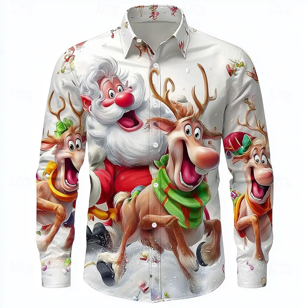 Christmas Men's 3D Graphic Long Sleeve,Street Style Fashion,Cartoon Santa Claus Reindeer Prints Design,2025 Fall Casual Shirt