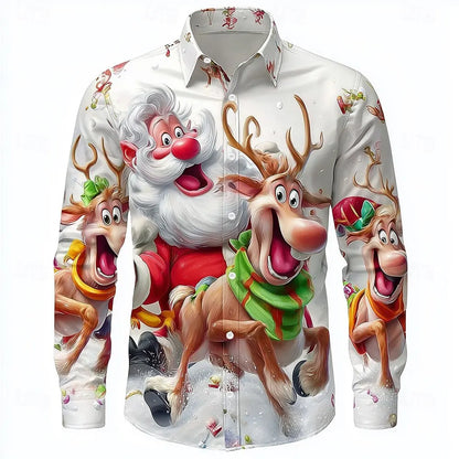 Christmas Men's 3D Graphic Long Sleeve,Street Style Fashion,Cartoon Santa Claus Reindeer Prints Design,2025 Fall Casual Shirt