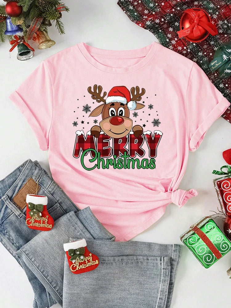 Merry Christmas Cute Reindeer Print Red T-Shirts for Women Casual Short Sleeve O-neck T-Shirts Ladies Christmas Party Tops