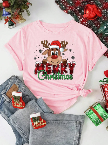 Merry Christmas Cute Reindeer Print Red T-Shirts for Women Casual Short Sleeve O-neck T-Shirts Ladies Christmas Party Tops