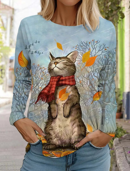 Christmas Women's Long Sleeved T-shirt Casual Holiday Fashion Christmas Cute Cat Holiday gifts Tops Harajuku  Women's Clothing