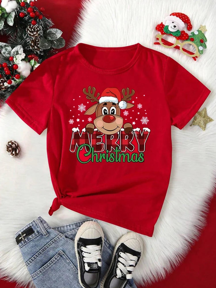 Merry Christmas Cute Reindeer Print Red T-Shirts for Women Casual Short Sleeve O-neck T-Shirts Ladies Christmas Party Tops