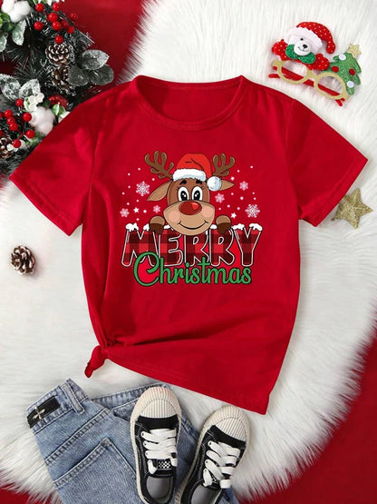 Merry Christmas Cute Reindeer Print Red T-Shirts for Women Casual Short Sleeve O-neck T-Shirts Ladies Christmas Party Tops
