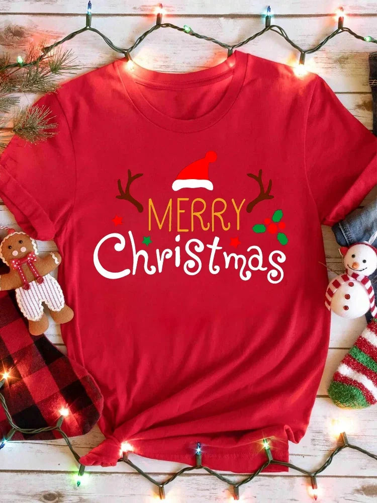 Funny Letter Printed Merry Christmas Women T Shirt Harajuku 90s Girls Christmas T-shirt Red Suitable All Seasons Tshirt Tops