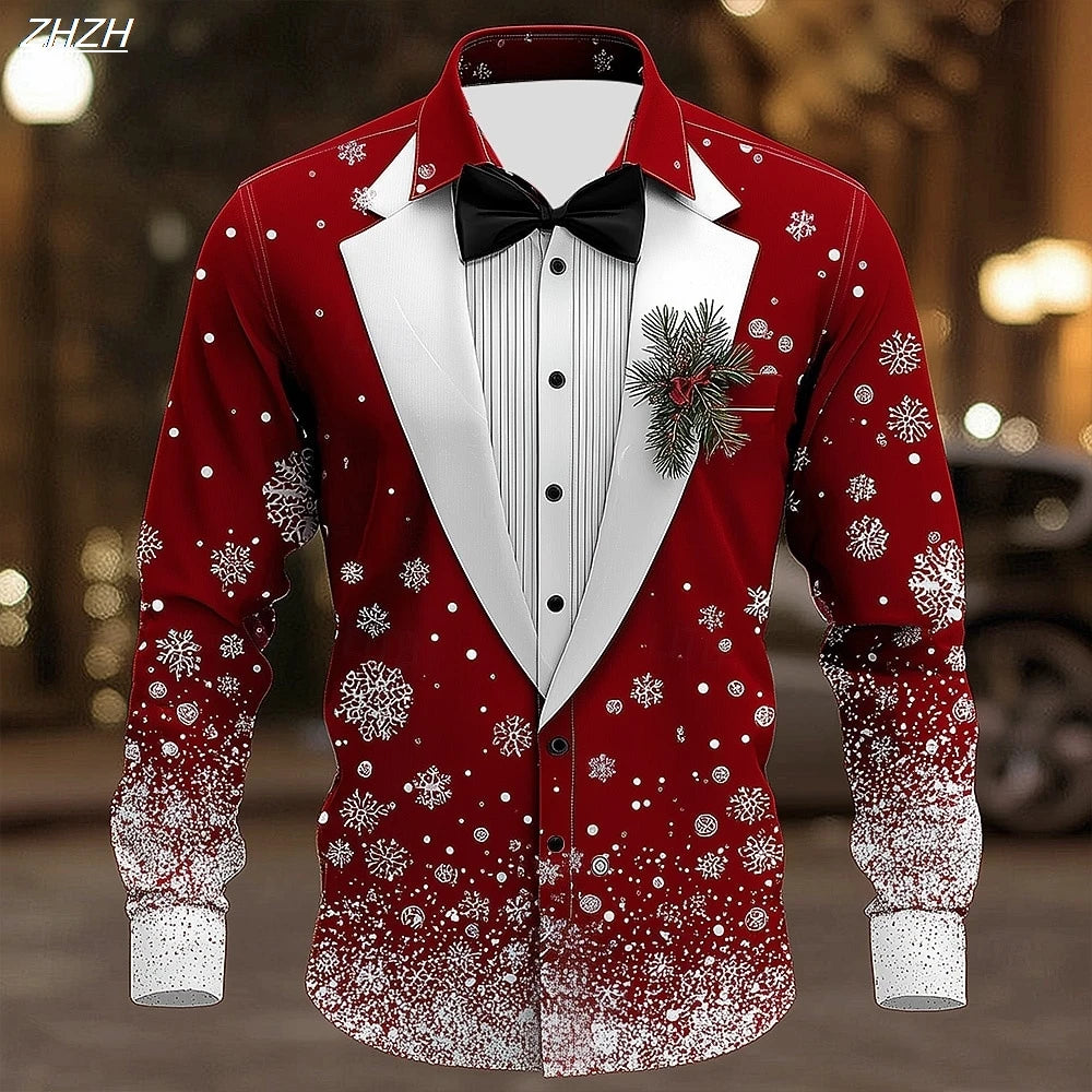 Men's Christmas Snowflake Formal Shirt, 3D Printed Tie Design,Elegant Tuxedo Style,Holiday Party Wedding Attire,Spring Wear