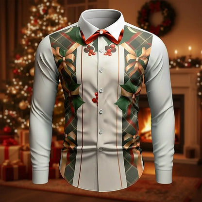 Funny Christmas Men's Christmas Costume Faux Collar and Suit Design Suit Tie Printed Tuxedo Shirt Long Sleeve Button Up Shirt